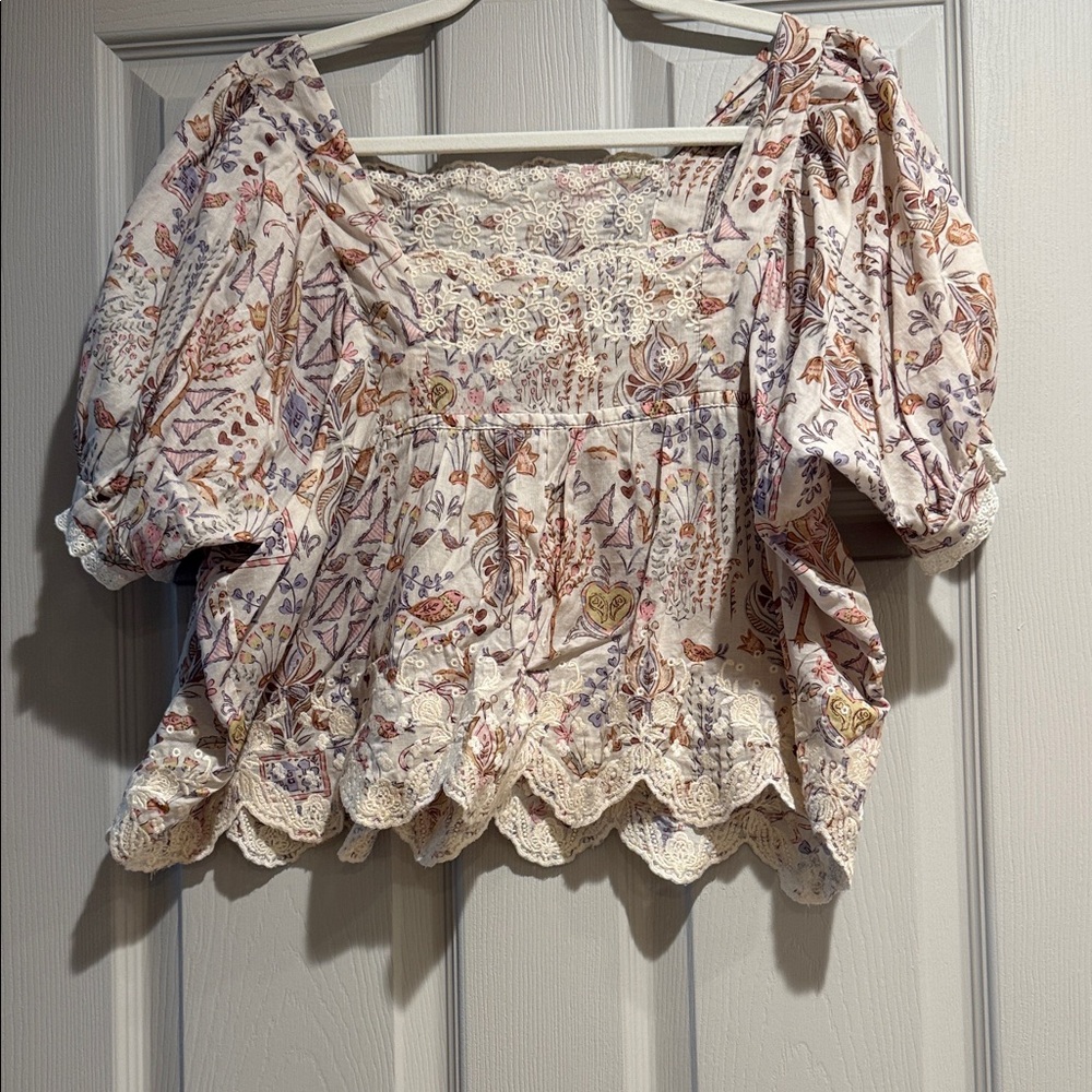 Floral Lace Trim Blouse - Cream and Purple